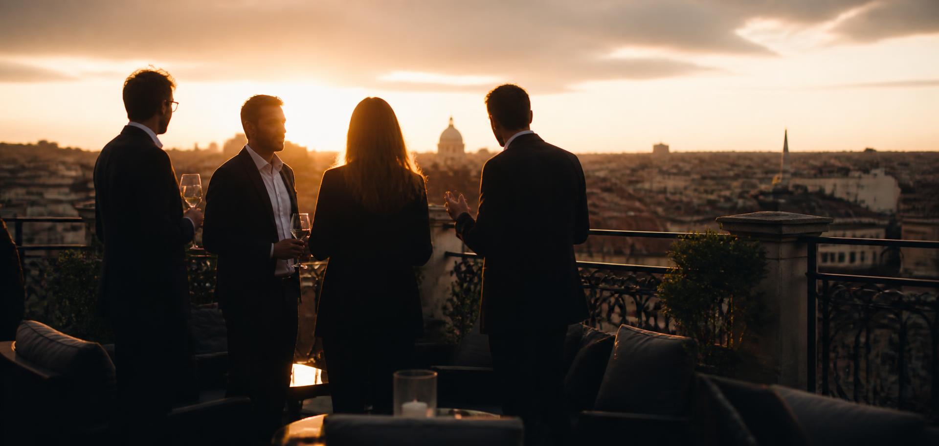 Grupo de empreendedores em conversa numa varanda ao pôr do sol