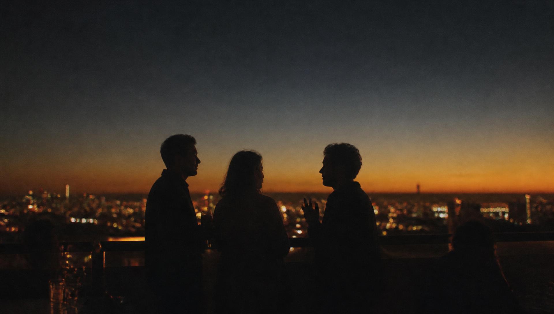 Silhuetas de pessoas em conversa num rooftop ao anoitecer