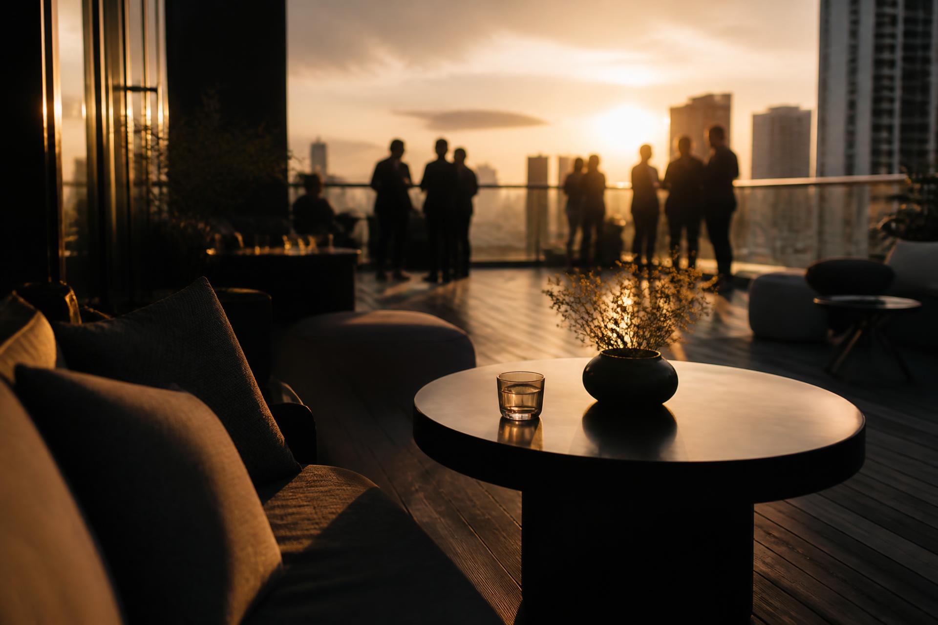 Terraço contemporâneo ao final da tarde, silhuetas em conversa