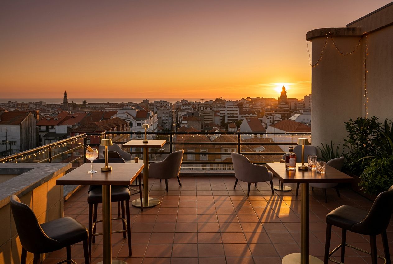 Terraço rooftop do Hotel Porto Coliseum ao pôr do sol, com vista sobre os telhados do Porto