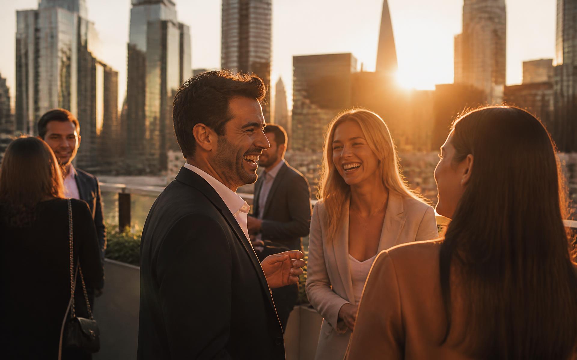 Empresários a rir numa esplanada com a cidade ao fundo em golden hour