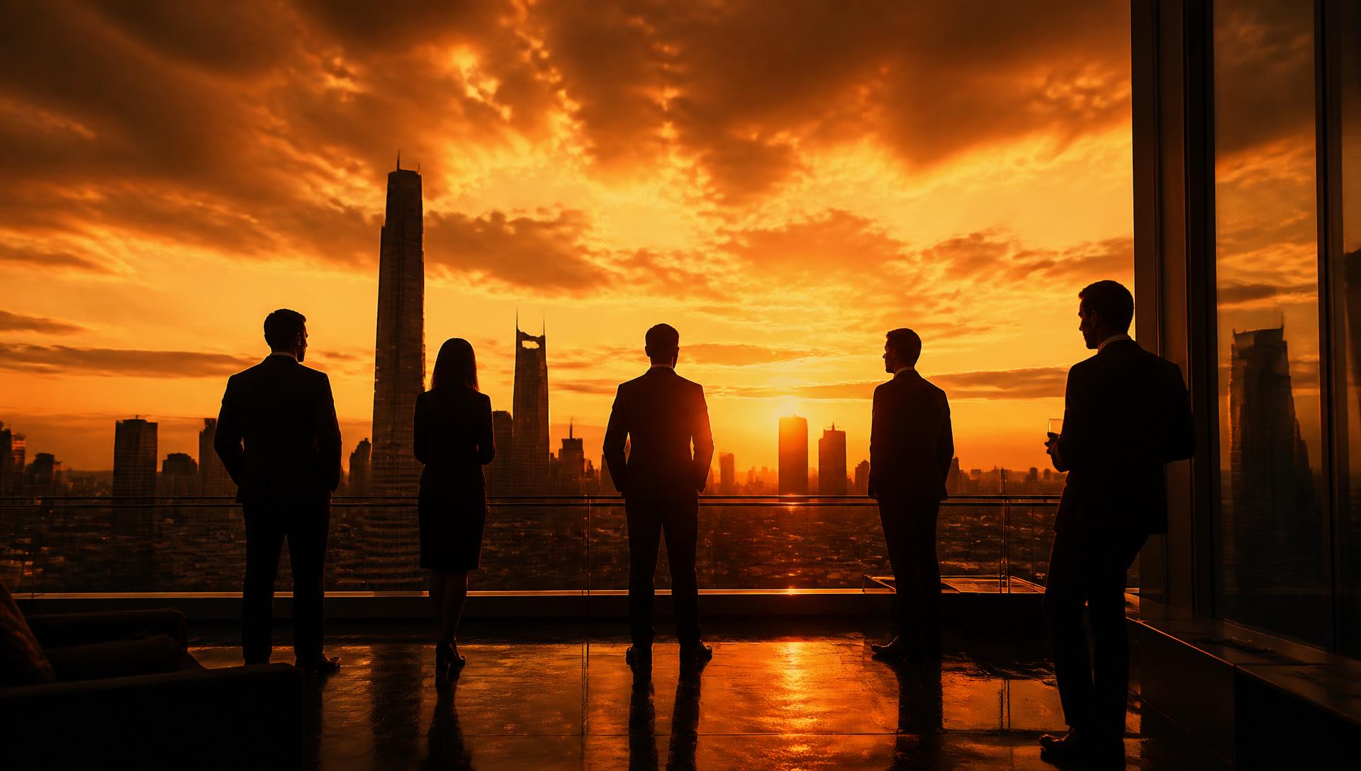 Silhuetas de empresários num rooftop contra um céu de golden hour