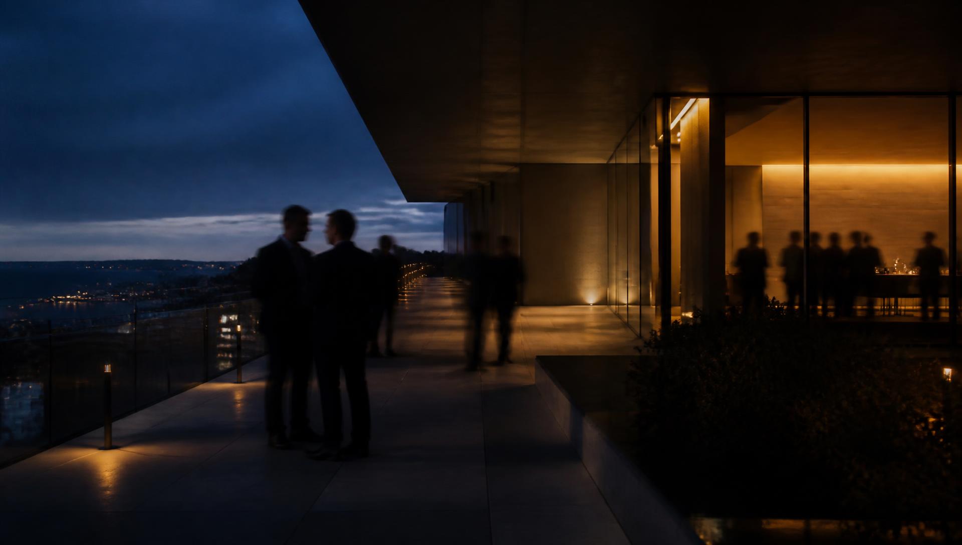 Terraço contemporâneo ao anoitecer com pessoas em conversa
